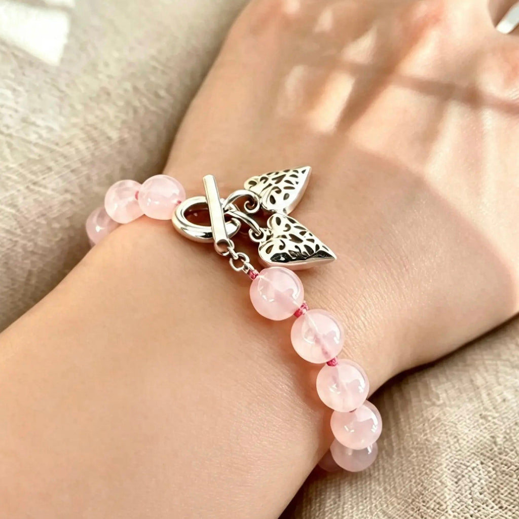 Pulsera 2 Charms Corazones Mini + Cuarzos Rosados
