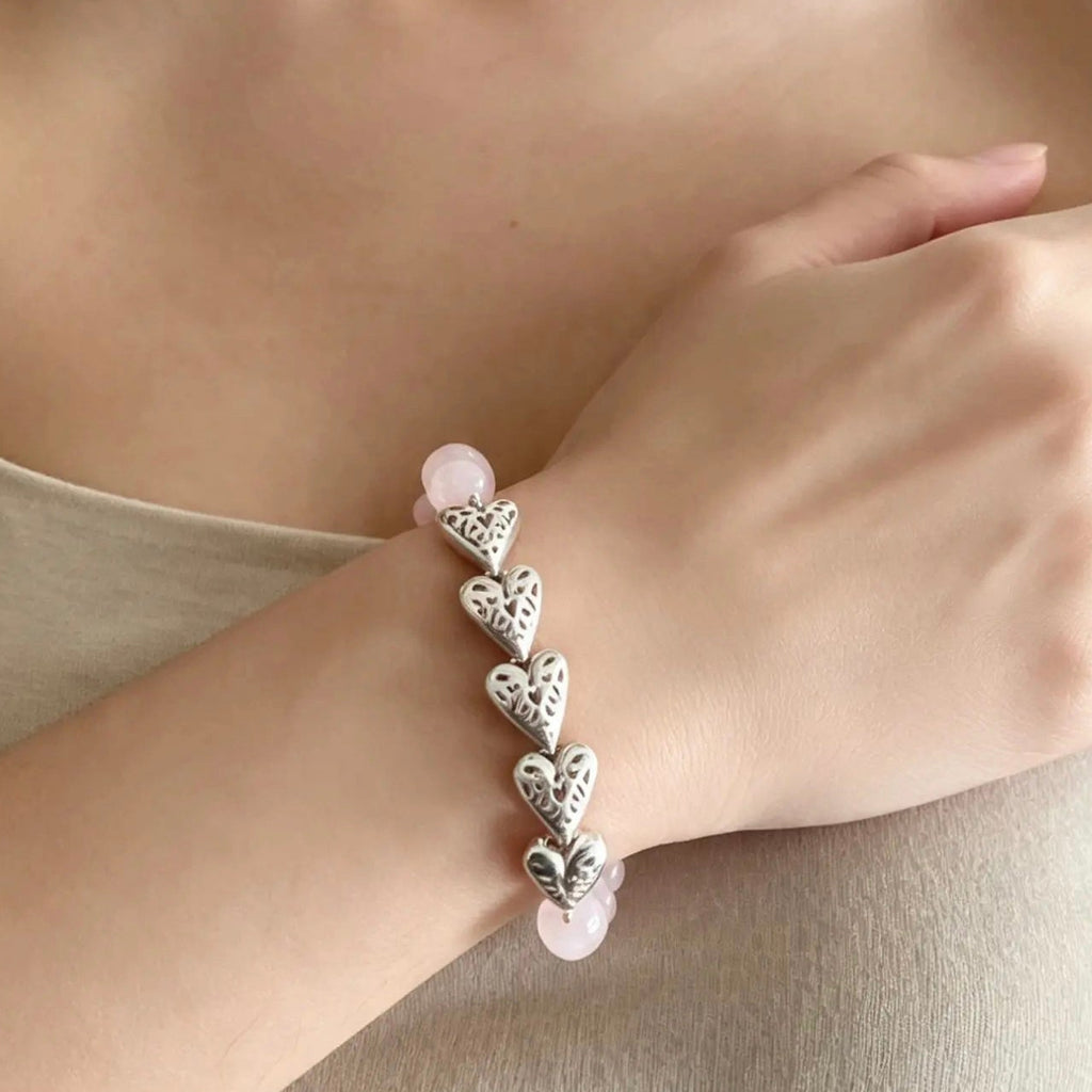Pulsera 5 Corazones Inflados + Cuarzos Rosados