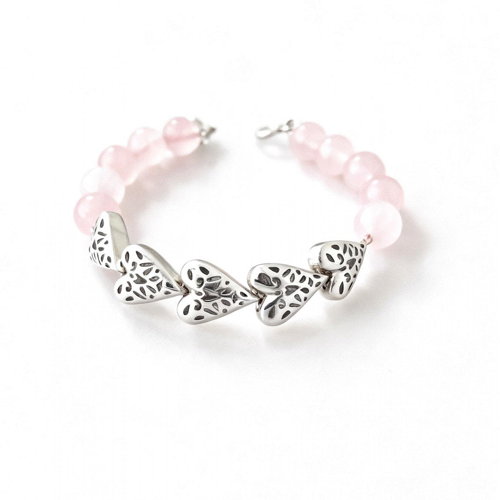 Pulsera 5 Corazones Inflados + Cuarzos Rosados