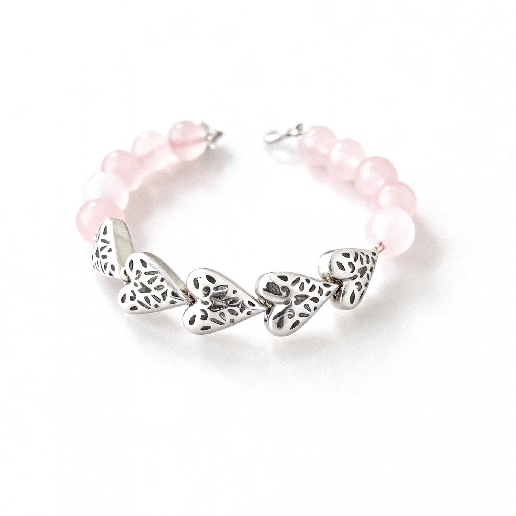 Pulsera 5 Corazones Inflados + Cuarzos Rosados